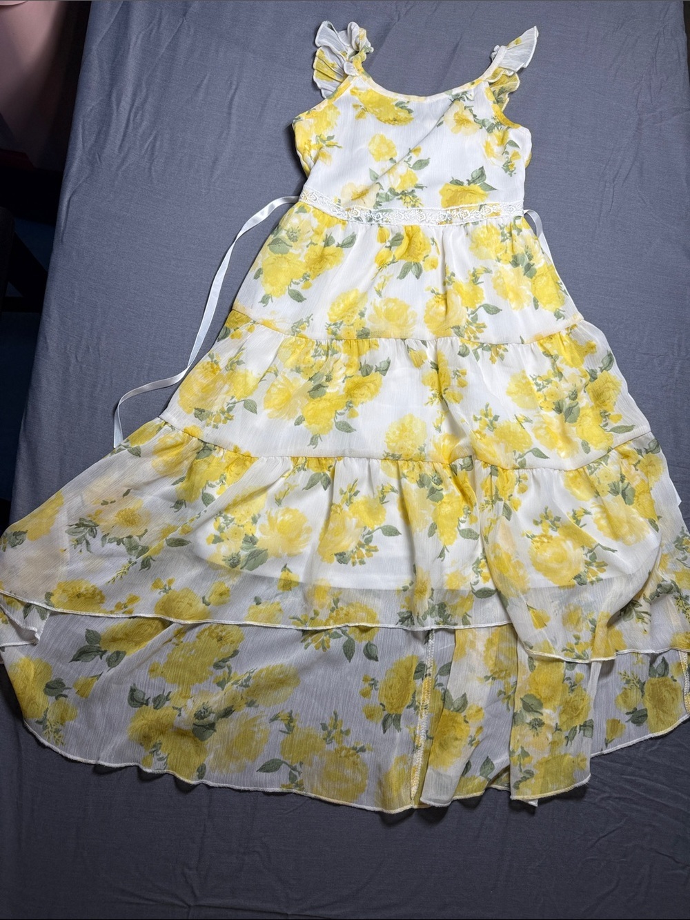 lilt White Dress with Yellow Floral Tiered Ruffles